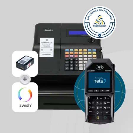 SAM4S ER260EJ kassaregister med kontrollenhet och Nets Lane 3000 kortterminal, godkänt av Skatteverket och stöd för Swish betalning.