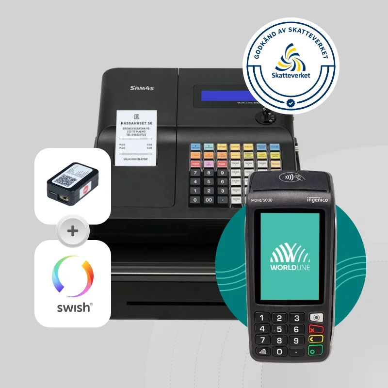 SAM4S ER260EJ kassaregister med kontrollenhet och Worldline Move 5000 kortterminal, godkänt av Skatteverket och stöd för Swish betalning.